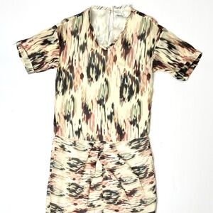 IKKS Silk Mini Dress XS| Cream with Green & Burgundy Abstract Print
